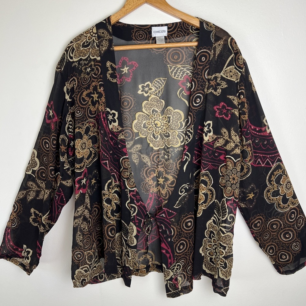 Chico's 100% Silk Cardigan Beach Cover Up Womens Sz 3 = 16 or XL Open Sheer